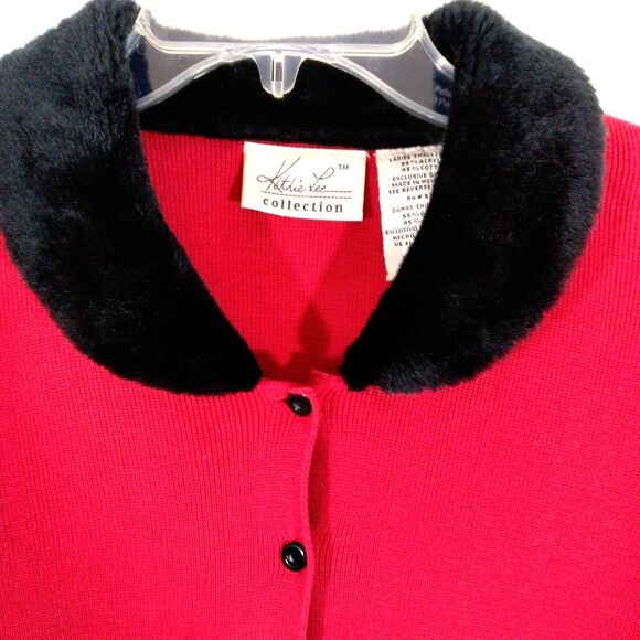 Kathie Lee Collection Vintage Cardigan Sweater S Red Black Faux Fur Button Front - Picture 3 of 6